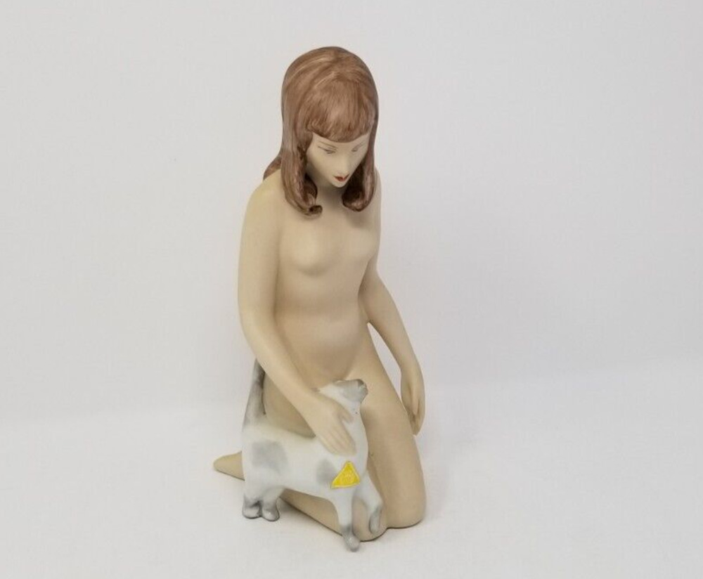 Royal Dux Nude Girl with Cat Figurine by Jiri Cernoch Czech